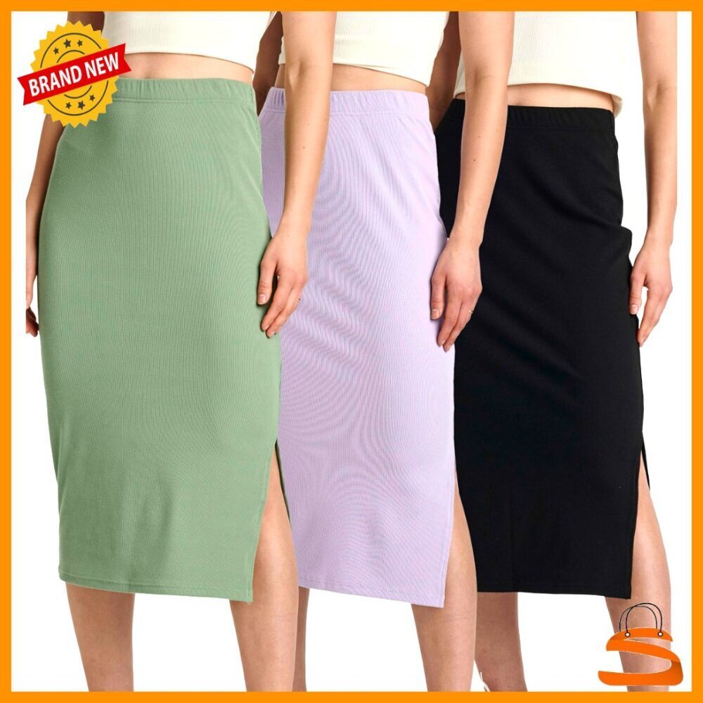 Ribbed Knit Midi Skirt Set Stretchy Elegant Professional Pull-On Pencil